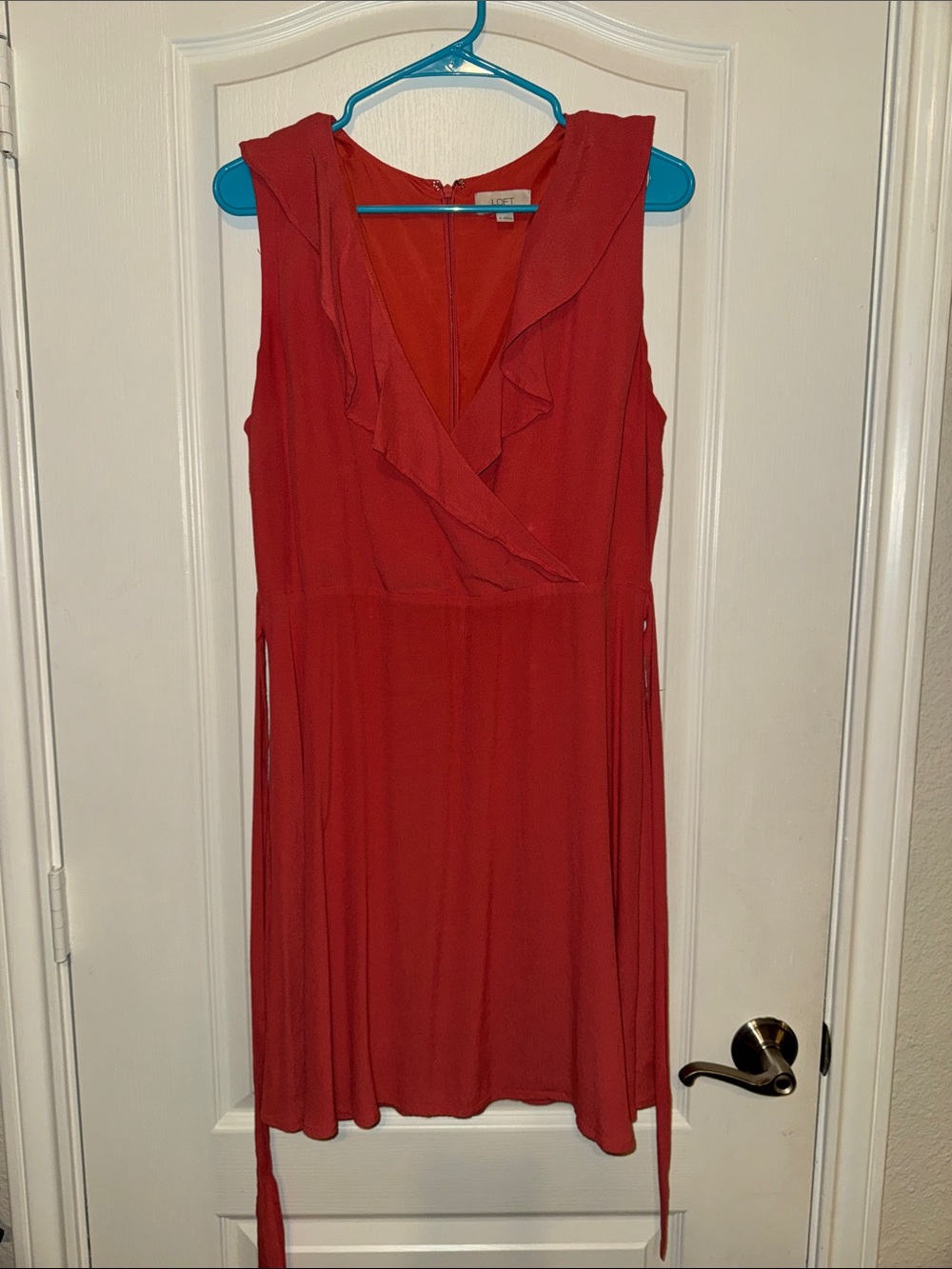 LOFT Red/Orange Sleeveless Ruffle Wrap Mini Dress